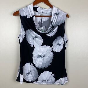 Marc New York Women’s Large Blouse Cowl Neck Sleeveless Floral Black & White NWT